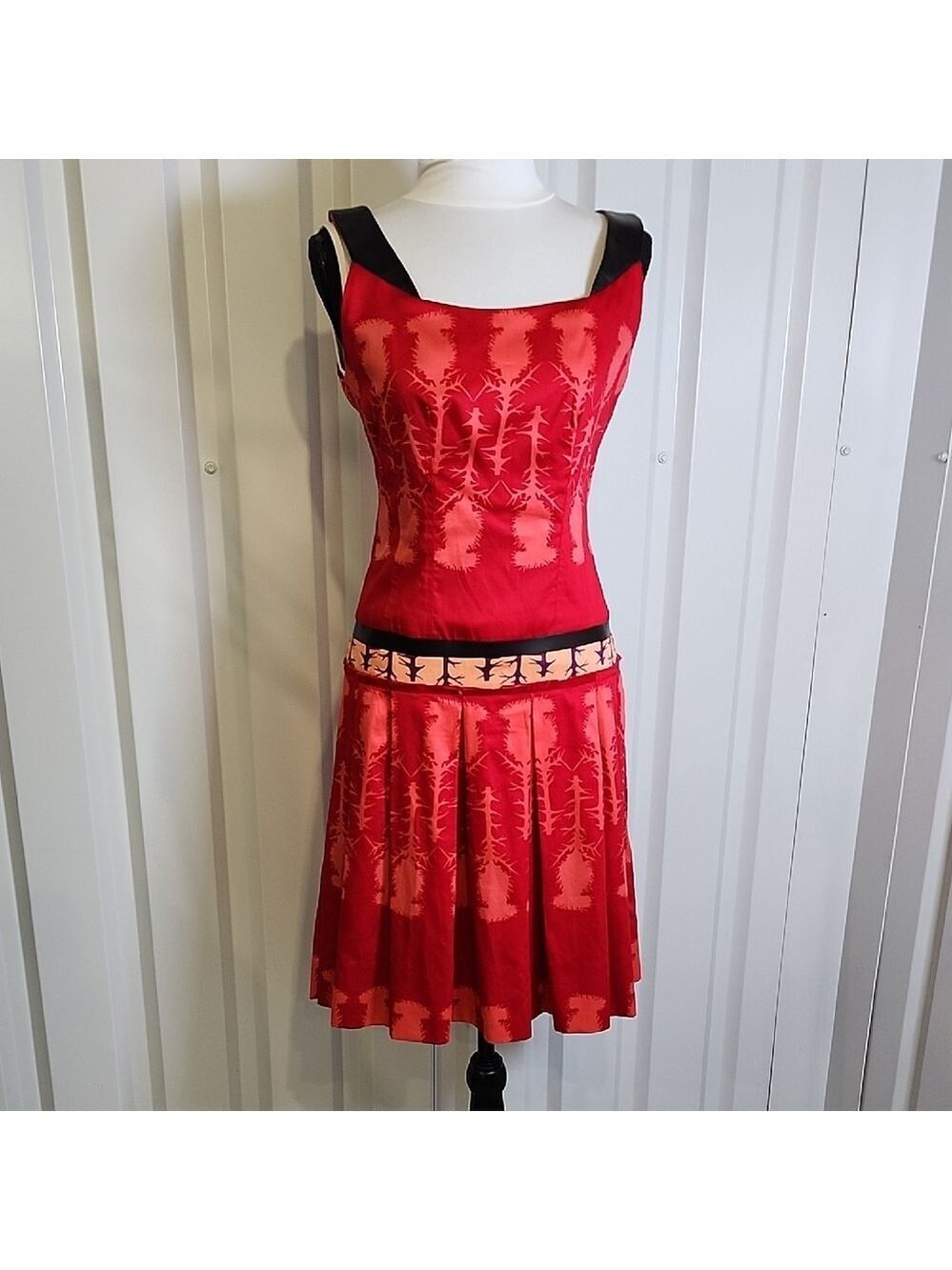 Sophie Theallet Cotton and Leather Red and Black Patterned Dress Size US8 EU40